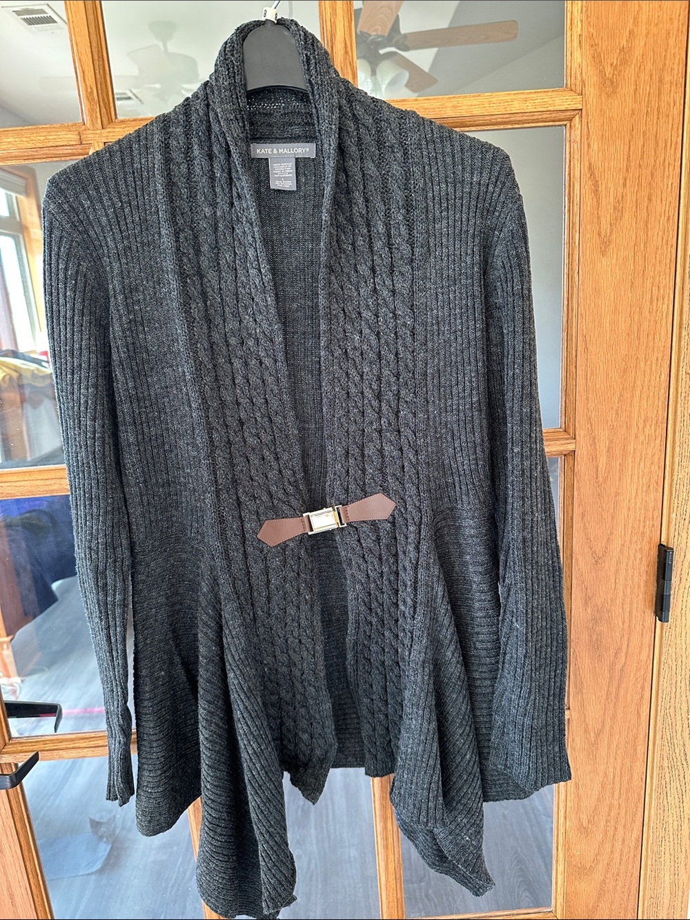 Kate & Mallory Dark Charcoal Cable-Knit Shawl Cardigan with Buckle